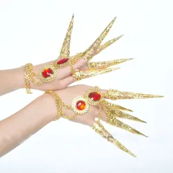 Femfingerring - med lenker - gullarmbånd - uthulte blomster / røde krystaller