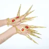 Bague cinq doigts - avec chaînes - bracelet or - fleurs évidées / cristaux rouges