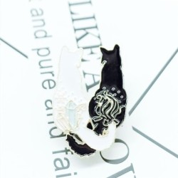 Broche émail tendance - double chat blanc/noir - épingle