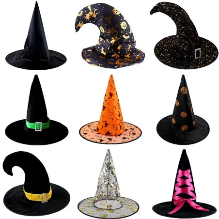 Hexe / Zauberer langer spitzer Hut - Band / Spitze / Spinne / Sterne - für Kostümparty / Halloween