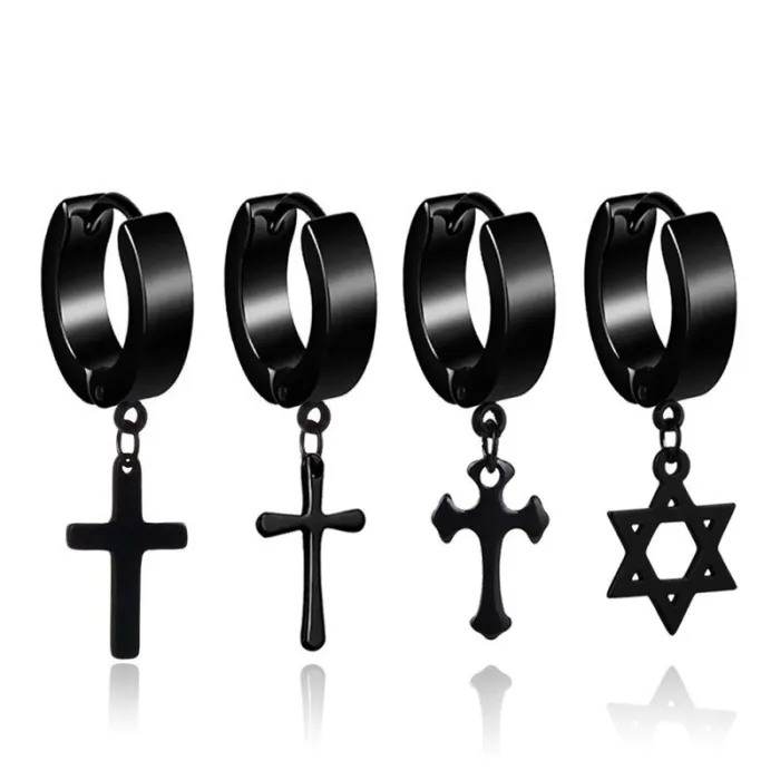 Petite boucle d'oreille ronde - avec croix / étoile - unisexe - acier inoxydable - 1 pièce