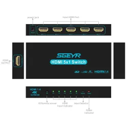 HDMI switch - 5 ind / 1 ud - med IR fjernbetjening - 1,4 HDCP
