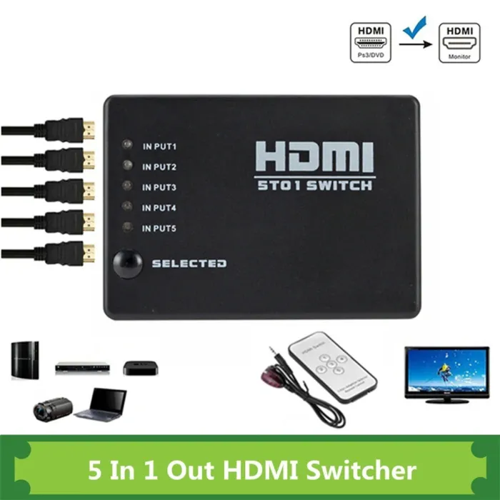 5 in/1 out - HDMI switcher - splitter - HUB - med IR fjernbetjening - 1080P - til HDTV DVD BOX