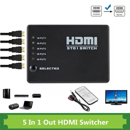 5 in/1 out - HDMI switcher - splitter - HUB - met IR afstandsbediening - 1080P - voor HDTV DVD BOXSplitters