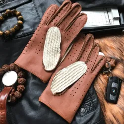 Korta körhandskar - getskinnsläder / stickat - unisex