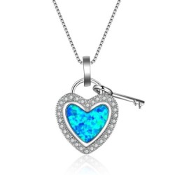 Pendentif en forme de coeur avec opale bleue / cristaux / clé - avec chaîne