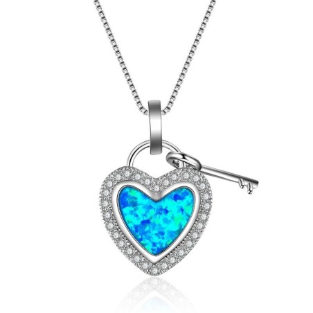 Ciondolo a forma di cuore con opale blu / cristalli / chiave - con catena
