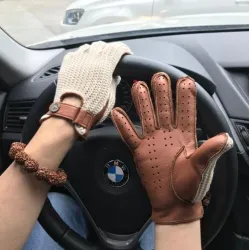 Gants de conduite courts - cuir de chèvre / tricot - mixte