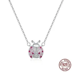 Pingente em forma de joaninha - com zircônias rosa - colar de prata de lei