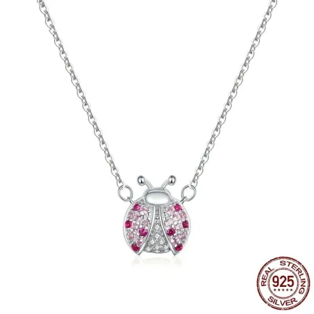 Marihøneformet anheng - med rosa zirconia - halskjede i sterling sølv