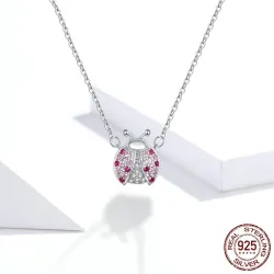 CollarColgante en forma de mariquita - con circonita rosa - collar de plata de ley