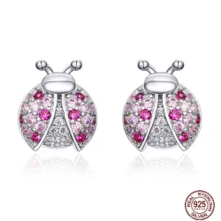 Boucles d'oreilles avec coccinelle - zircone rose - argent 925