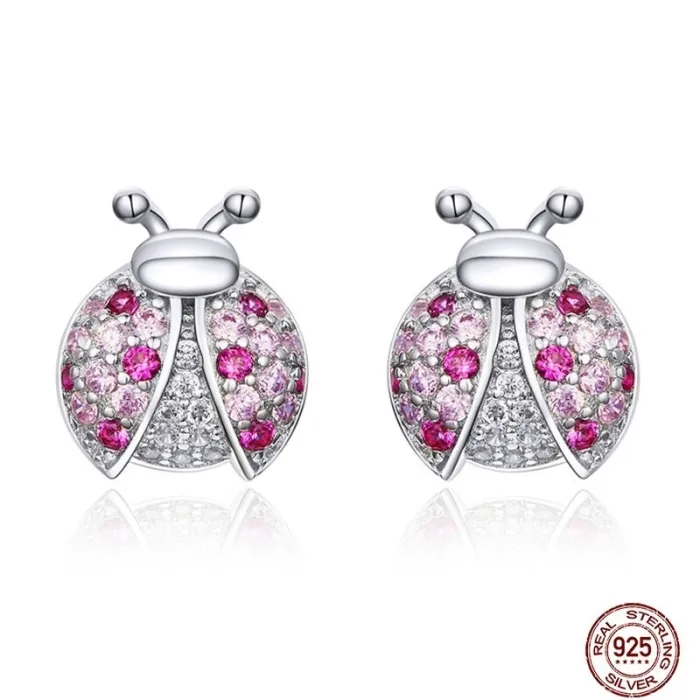 Earrings with ladybug - pink zirconia - 925 sterling silverEarrings