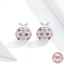 AretesPendientes con mariquita - circonita rosa - plata de ley 925