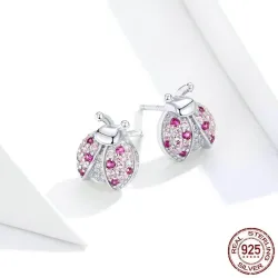 Øreringe med mariehøne - pink zirconia - 925 sterling sølv