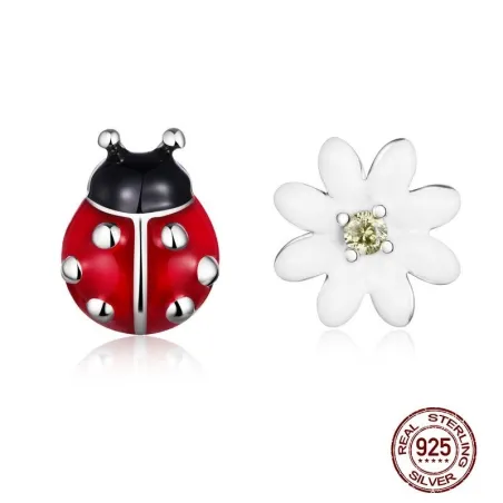 AretesPendientes con mariquita roja / margarita blanca - plata de ley 925