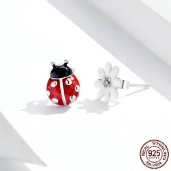 Earrings with red ladybug / white daisy - 925 sterling silverEarrings