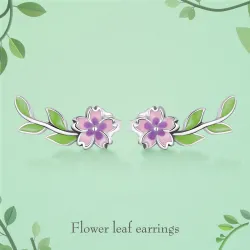 Fiore viola-rosa/foglia verde - orecchini eleganti - Argento 925