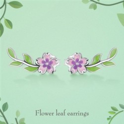 Lila-rosa Blume / grünes Blatt - elegante Ohrringe - 925er Sterlingsilber