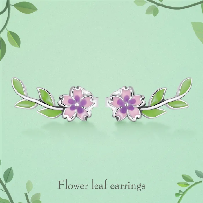 Fleur rose-violet/feuille verte - boucles d'oreilles élégantes - argent sterling 925