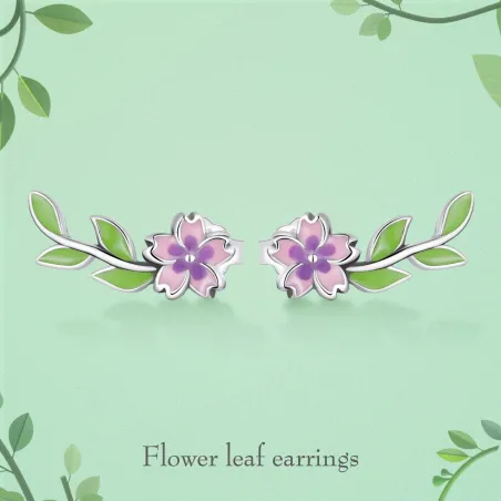 Fleur rose-violet/feuille verte - boucles d'oreilles élégantes - argent sterling 925