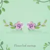 Purple-pink flower /green leaf - elegant earrings - 925 sterling silverKolczyki