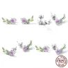 Fleur rose-violet/feuille verte - boucles d'oreilles élégantes - argent sterling 925