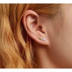 Fleur rose-violet/feuille verte - boucles d'oreilles élégantes - argent sterling 925