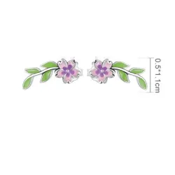 Fleur rose-violet/feuille verte - boucles d'oreilles élégantes - argent sterling 925