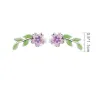 Fleur rose-violet/feuille verte - boucles d'oreilles élégantes - argent sterling 925