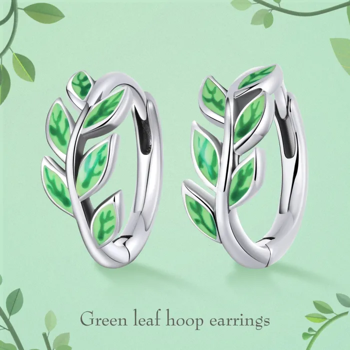 Boucles d'oreilles créoles avec feuilles vertes - Argent 925