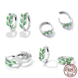 Hoop örhängen med gröna blad - 925 sterling silver