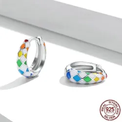 AretesPendientes redondos a cuadros de colores del arcoíris - plata de ley 925