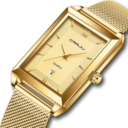 CRRJU – quadratische goldene Luxusuhr – Quarz – Mesh-Armband aus Edelstahl – wasserdicht
