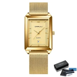 CRRJU - luksus firkantet gyldent ur - Quartz - rustfrit stål mesh armbånd - vandtæt