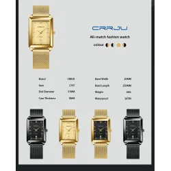 CRRJU - luksus firkantet gyldent ur - Quartz - rustfrit stål mesh armbånd - vandtæt