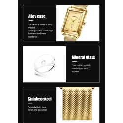 CRRJU - luksus firkantet gyldent ur - Quartz - rustfrit stål mesh armbånd - vandtæt