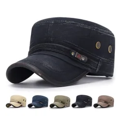 Cappello piatto retrò con visiera - cotone lavato / rifinito in pelle