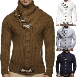 Pulôver de malha quente - cardigan com gola alta / bolsos / botões