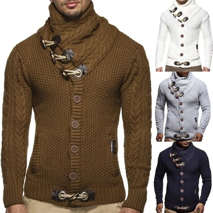 Varm strikket pullover - cardigan med rullekrave / lommer / knapper