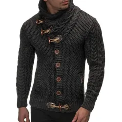 Varm strikket genser - cardigan med turtleneck / lommer / knapper