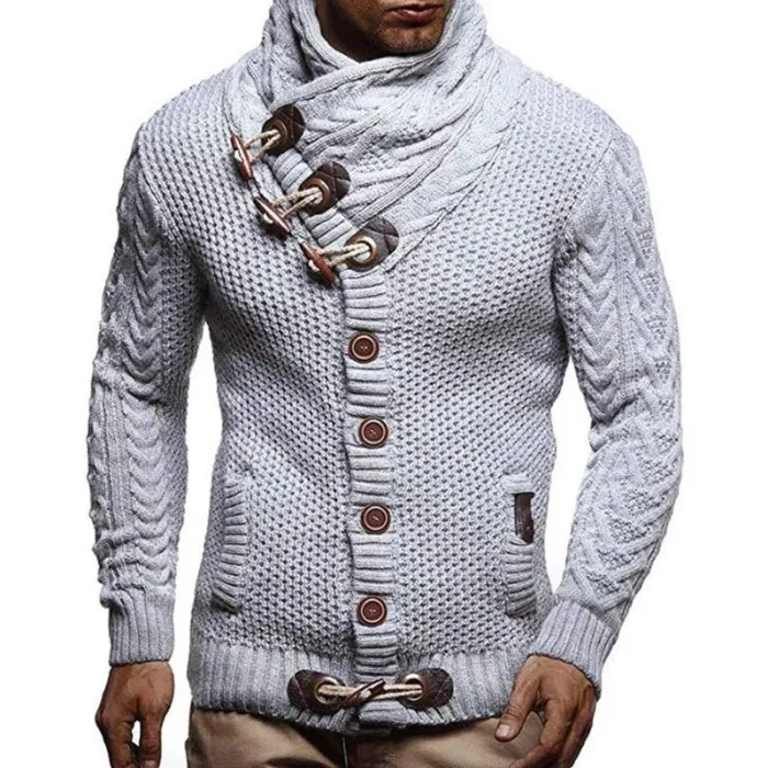 Pulôver de malha quente - cardigan com gola alta / bolsos / botões