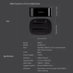 Dock pour hard disk extèrieur ORICO 25 35 inch Docking Station USB 3 - Dual-bay HDD - SSD Hard Drive