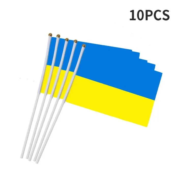 Drapeau ukrainien - avec mât en plastique - 14 * 21cm - 10 pièces