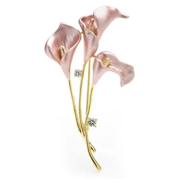 Elegant brosje - 3-blomstret lilje - med krystaller