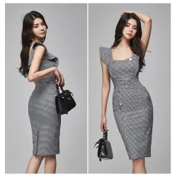 Elegant slim pencil kjole - med flæser - plaid grå