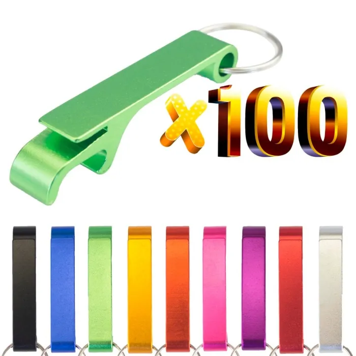 Aluminiumsboks / flaskeåpner - med nøkkelring - gratis tilpasset gravering - 100 stk