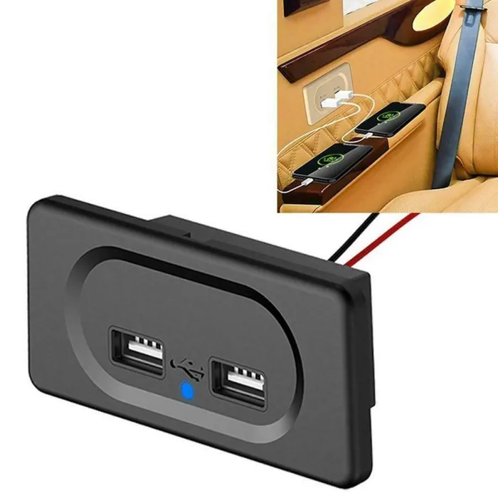 Billaddare - dubbla USB-portar - uttag med blå LED-indikator - DC5V/3.1A - 12V