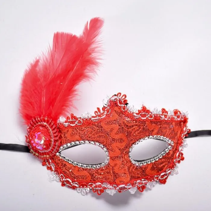 Sexy Augenmaske aus venezianischer Spitze - mit Federn / Kristall