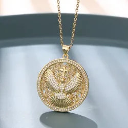 Collier vintage en acier inoxydable - Pendentif Aigle / Croix / Dieu gardien - plaqué or